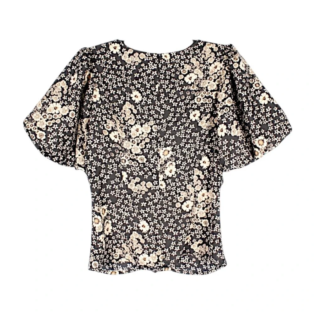 ASTR THE LABEL Black/Tan Floral Crepe PUFF SLEEVE V-NECK TOP Blouse Party SZ XS
